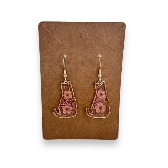 Cat Earrings Resin Dried Flower Gold Tone Dangle Drop Fishhook Silicone Backs - Picture 2 of 5